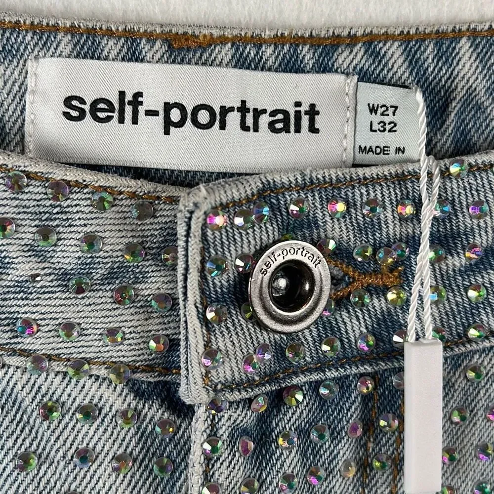 NWT Self-Portrait Blue Rhinestone Embellished High-Waisted Denim Jeans W27 L32